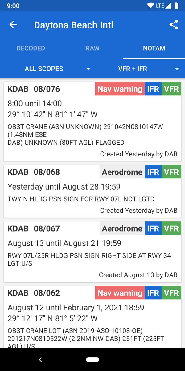 Filterable list of NOTAM